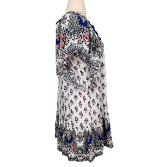 BLACK RAINN Top Paisley Short Sleeve Bohemian Gypsy Crochet Tie Blue Medium - Picture 2 of 8